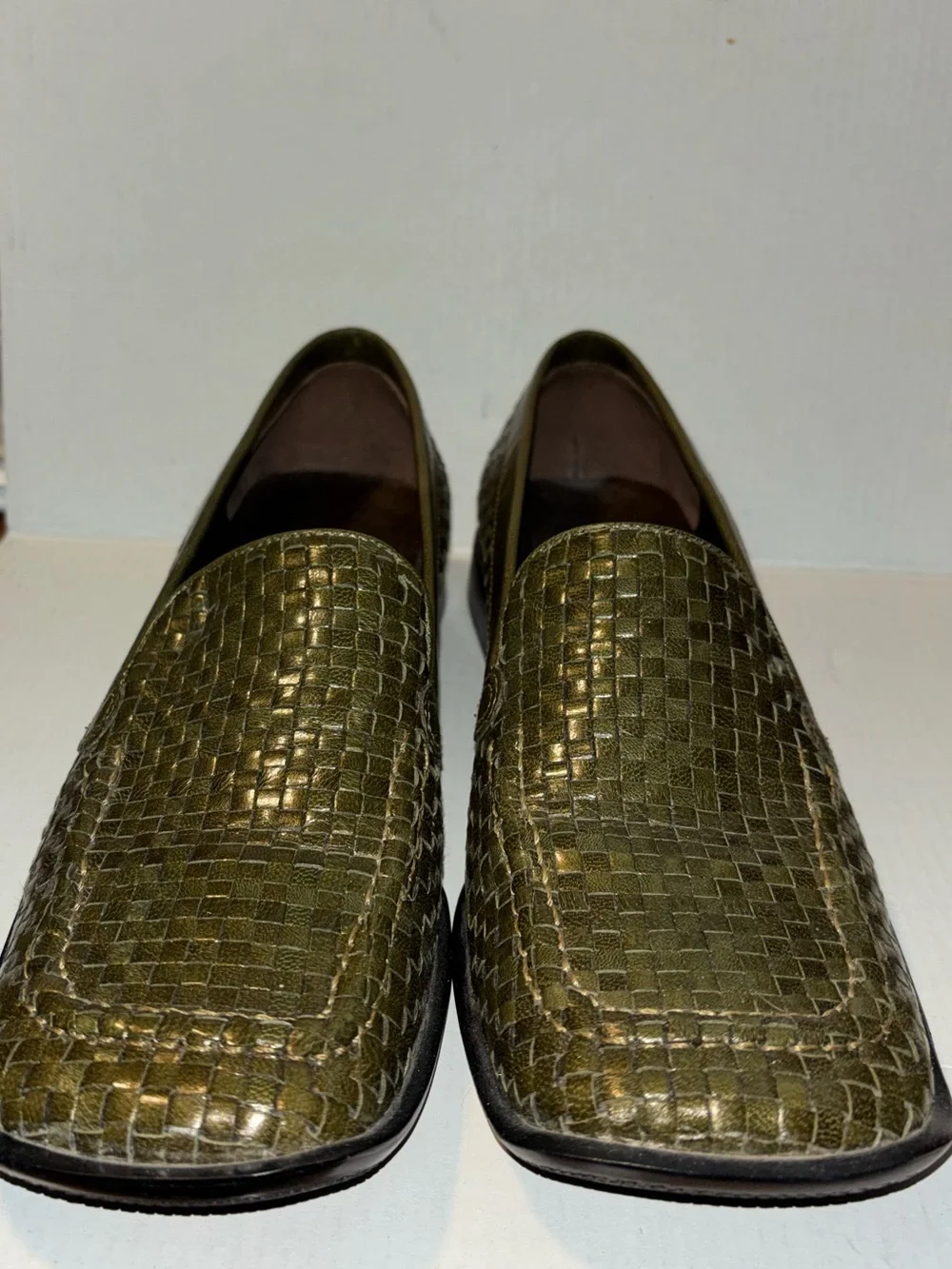 A. Marinelli Olive Woven Leather Loafers olive green Woman's Size 8 square toe